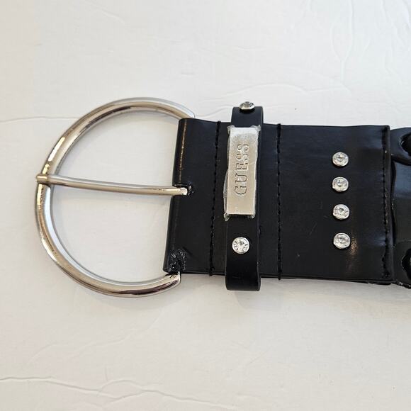 Guess Black Faux Leather Wide Belt Rhinestones Womens Medium Bold Goth Night Out - Picture 3 of 11